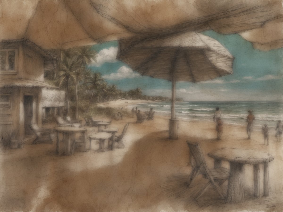 Ein sonniger Strandabschnitt mit feinem Sand, umgeben von Palmen. Im Vordergrund stehen einfache Holzmöbel, darunter Tische und Stühle, die unter einem großen Sonnenschirm platziert sind. Im Hintergrund sind Spaziergänger zu sehen, die am Wasser entlang laufen. Die Wellen plätschern sanft gegen den Strand und der Himmel ist hellblau mit wenigen Wolken. Am Horizont zeichnet sich die Küstenlinie ab, was ein Bild von Ruhe und Urlaubsatmosphäre vermittelt.