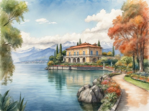 Auf dem Bild könnte eine idyllische Szene aus Verbania am Lago Maggiore zu sehen sein. Möglicherweise ist es die Villa Taranto, bekannt für ihre wunderschönen Gärten und die malerische Lage am Wasser. Im Hintergrund könnten die majestätischen Berge der Alpen zu erkennen sein, die die Landschaft umgeben. Die bunten Blumen und die gepflegte Promenade laden zu einem gemütlichen Spaziergang am See ein.