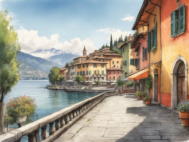 Auf dem Bild ist die charmante Stadt Baveno am Ufer des Lago Maggiore zu sehen. Man erkennt die malerische Promenade mit historischen Gebäuden in warmen Farben, umgeben von blühenden Pflanzen und einer wunderschönen Berglandschaft im Hintergrund. Die Atmosphäre vermittelt Ruhe und eine mediterrane Lebensweise, während das Wasser des Sees sanft glitzert.