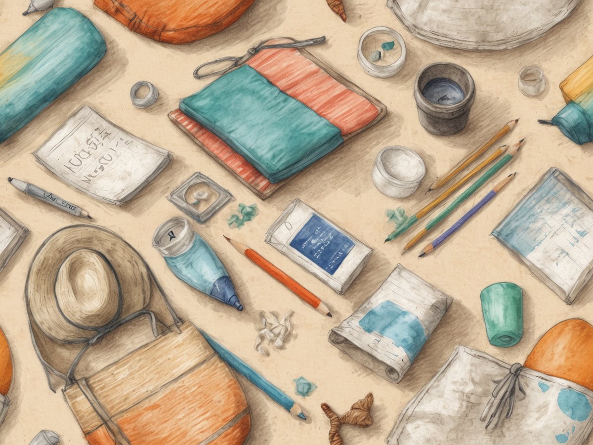 Auf dem Bild sind verschiedene Gegenstände zu sehen, die für einen Strandurlaub typisch sind. Dazu gehören ein Sonnenhut, eine Tasche, Badesandalen und ein Handtuch. Auch sind Schreibutensilien wie Bleistifte und ein Stift sowie Notizblätter und kleine Behälter abgebildet. In der Mitte sind Sonnencreme und andere Pflegeprodukte. Das Arrangement der Gegenstände vermittelt eine entspannte Atmosphäre, die an einen perfekten Strandtag erinnert. Der Hintergrund ist sandfarben, was das Urlaubsgefühl unterstreicht.