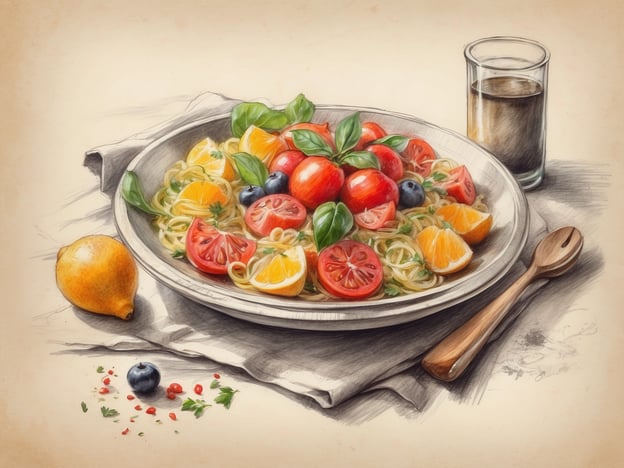 Auf dem Bild ist ein appetitlicher Teller mit Pasta zu sehen, der mit frischen Tomaten, Basilikum, Orangen und Heidelbeeren garniert ist. Dies erinnert an die kulinarischen Genüsse in Baveno und Umgebung, wo frische, regionale Zutaten eine große Rolle spielen. Die Kombination aus Pasta und frischem Gemüse ist typisch für die italienische Küche und spiegelt die Liebe zur saisonalen und qualitativ hochwertigen Nahrung wider. Besonders in dieser Region findet man viele Restaurants, die solche köstlichen Gerichte anbieten, ergänzt durch lokale Weine und andere Spezialitäten. Ein Glas mit einem dunklen Getränk rundet das Bild ab und könnte auf die Auswahl an regionalen Säften oder Weinen hinweisen, die in Baveno genossen werden können.