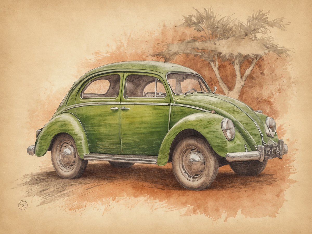 Ein klassischer grüner VW Käfer steht auf einer schlichten, farblich abgestuften Hintergrundfläche. Das Auto hat runde Scheinwerfer und eine nostalgische Form. Ein kleiner Baum ist im Hintergrund angedeutet, was dem Bild einen natürlichen Touch verleiht. Die gesamte Darstellung vermittelt einen zeitlosen Charme und erinnert an eine vergangene Ära der Automobilgeschichte.