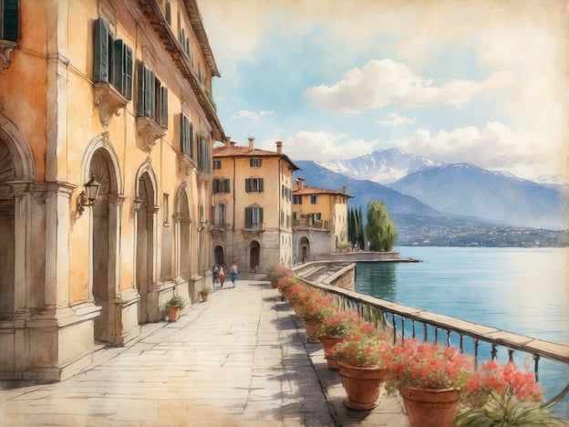 Auf dem Bild sind elegante Gebäude entlang einer malerischen Uferpromenade zu sehen, was an den Lago Maggiore und die Stadt Arona erinnert. Die Architektur könnte typisch für die Altstadt von Arona sein, wo historische Fassaden und blühende Pflanzen die Landschaft verschönern. Im Hintergrund sind die majestätischen Berge zu sehen, die die reizvolle Kulisse der Region bilden. Diese Szene erinnert an den Charme und die Schönheit, die Arona zu bieten hat, besonders bei einem Spaziergang entlang des Sees.