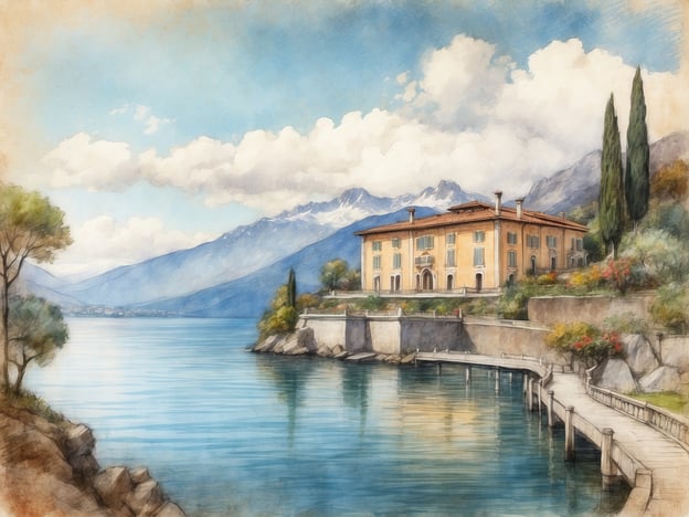 Auf dem Bild ist ein malerisches Ufer zu sehen, das an die Landschaft von Laveno-Mombello am Lago Maggiore erinnert. Das Gebäude könnte eine Villa oder eine historische Residenz darstellen, wie die Villa Frua oder Villa Taranto. Die schneebedeckten Berge im Hintergrund sowie das ruhige Wasser des Sees ergänzen die idyllische Szenerie. Auch die mediterranen Pflanzen und die gepflegten Gehwege sind charakteristisch für die Region. Solch eine Landschaft lädt zu Spaziergängen oder Bootsausflügen auf dem Lago Maggiore ein.