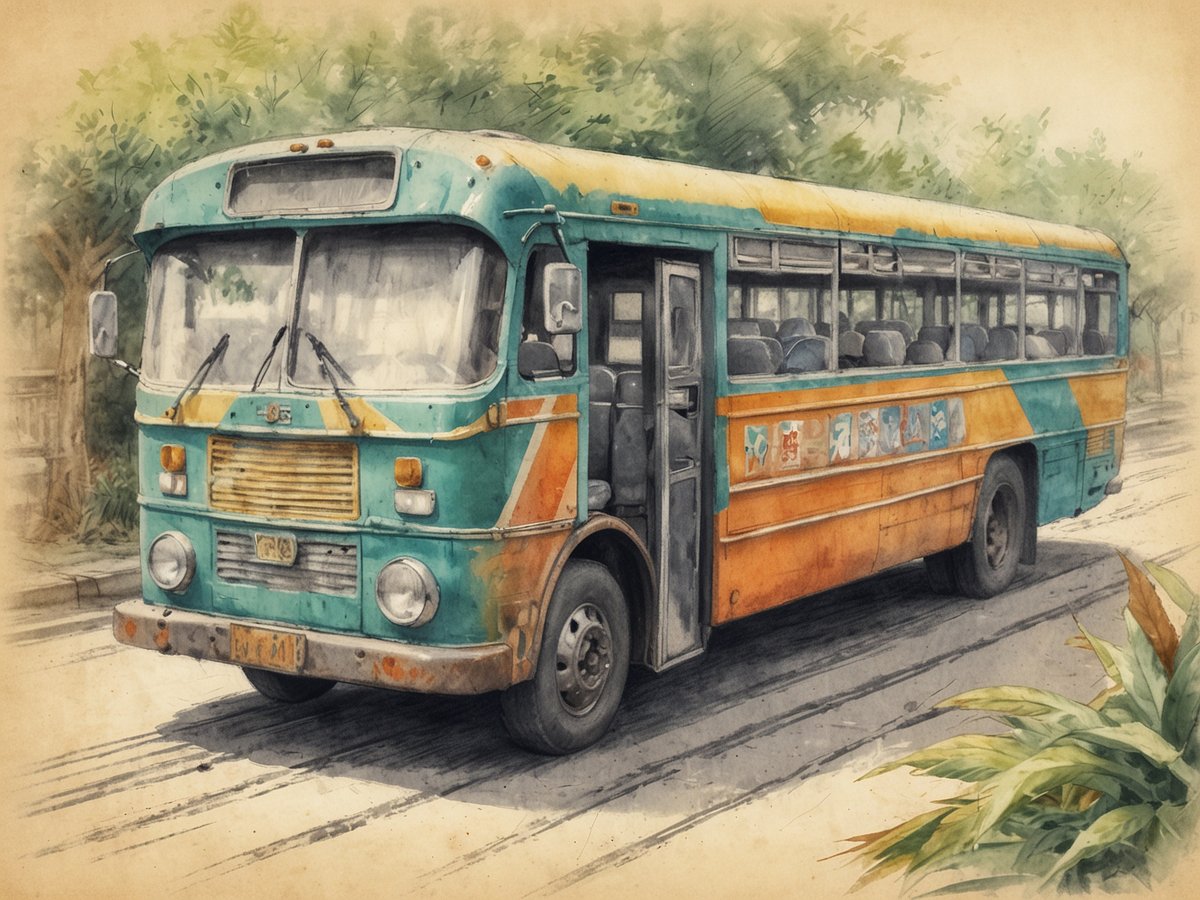 Ein farbenfroher, nostalgischer Bus steht auf einer Straße, umgeben von üppigem Grün. Der Bus hat eine orange und türkisfarbene Lackierung mit einer Reihe von bunten Aufklebern an der Seite. Die Fenster sind groß, und im Inneren sind mehrere Sitze zu erkennen. Der Bus vermittelt ein Gefühl von traditionellen Verkehrsmitteln in Vietnam mit einem rustikalen Charme. Die Atmosphäre des Bildes ist ruhig und zeigt eine malerische Umgebung.