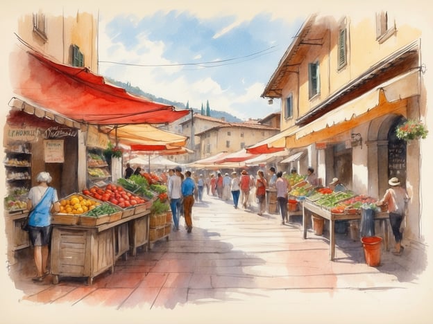 Auf dem Bild ist ein lebhafter Markt in Luino zu sehen, wo verschiedene Verkaufsstände Obst und Gemüse anbieten. Die Markttraditionen von Luino sind geprägt von regionalen Produkten und einer freundlichen, einladenden Atmosphäre. Die bunten Markisen schützen die Kunden und Händler vor der Sonne, während sie durch die engen Gassen schlendern. Menschen sind dabei, mit den Verkäufern zu interagieren und frische Waren auszuwählen, was das Leben und die Gemeinschaft des Marktes widerspiegelt. Solche Märkte sind ein wichtiger Teil des sozialen Lebens in der Region.