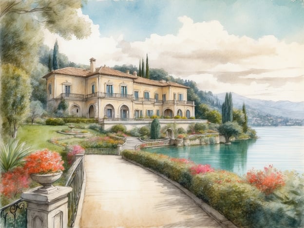 Auf dem Bild ist eine elegante Villa zu sehen, die möglicherweise an den schönen Ufern des Lago Maggiore in Ghiffa liegt. Die Villa könnte mit dem historischen Jugendstil-Bau und den gepflegten Gärten assoziiert werden, die oft in der Region anzutreffen sind. In der Nähe könnte es auch die berühmte Kirche San Pietro oder die botanischen Gärten der Villa Taranto geben, die für ihre atemberaubende Flora und Gartenkunst bekannt sind. Der malerische Ausblick auf den See und die umliegenden Berge ist ebenfalls charakteristisch für Ghiffa.