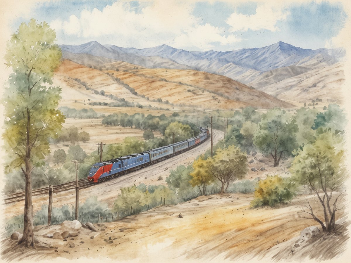 Eine dampfende Lokomotive fährt durch eine malerische Landschaft mit sanften Hügeln und Bergen im Hintergrund. Das Gefährt ist in auffälligen Farben gestaltet und zieht mehrere Waggons hinter sich her. Im Vordergrund sind grüne Bäume und Sträucher zu sehen, die sich harmonisch mit dem trockenen, gelben Erdboden verbinden. Die Szenerie gibt ein Gefühl von Weite und Naturverbundenheit wieder, während der Himmel mit einigen weißen Wolken geschmückt ist. Diese Darstellung vermittelt die ruhige und eindrucksvolle Atmosphäre von Reisen durch die Landschaft.
