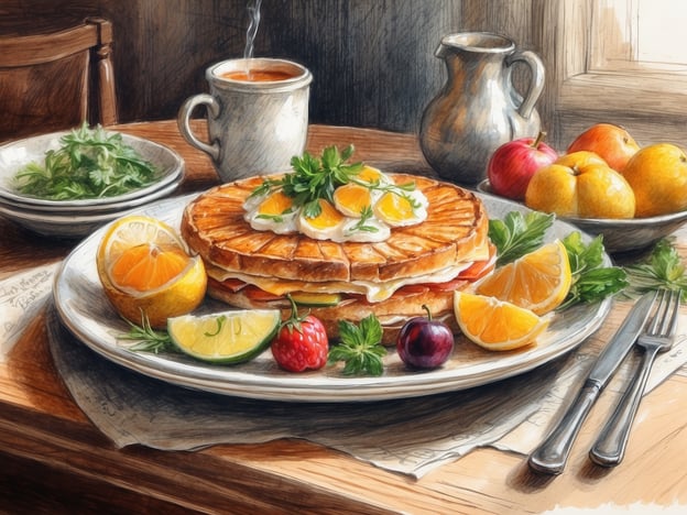 Auf dem Bild ist ein reichhaltiges Frühstück zu sehen, das in Belgirate genossen werden könnte. Es besteht aus einem kreativen Arrangement von Pancakes, die mit frischen Eiern und Garnierungen serviert werden. Dazu sind verschiedene Früchte wie Orangen, Limetten und Himbeeren auf dem Teller angerichtet, sowie eine Schüssel mit frischem Salat. Im Hintergrund steht eine Tasse Tee, die das gemütliche Ambiente unterstreicht. Dieses Gericht könnte eine köstliche Kombination aus herzhaften und süßen Elementen bieten, perfekt für einen entspannten Morgen.