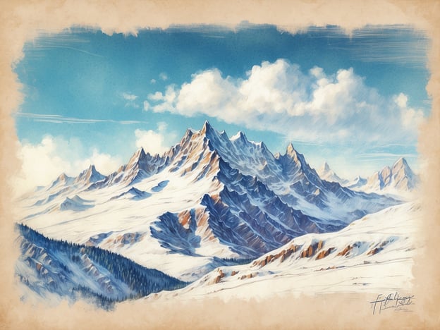 Auf dem Bild sind die höchsten Gipfel eines majestätischen Gebirges zu sehen. Die Berge sind schneebedeckt und zeichnen sich durch scharfe, spitze Gipfel aus, die vor einem klaren blauen Himmel stehen. Der Vordergrund zeigt sanfte Hügel und Nadelbäume, die dem Bild eine alpine Atmosphäre verleihen. Die gesamte Szene strahlt eine ruhige und beeindruckende Schönheit aus.