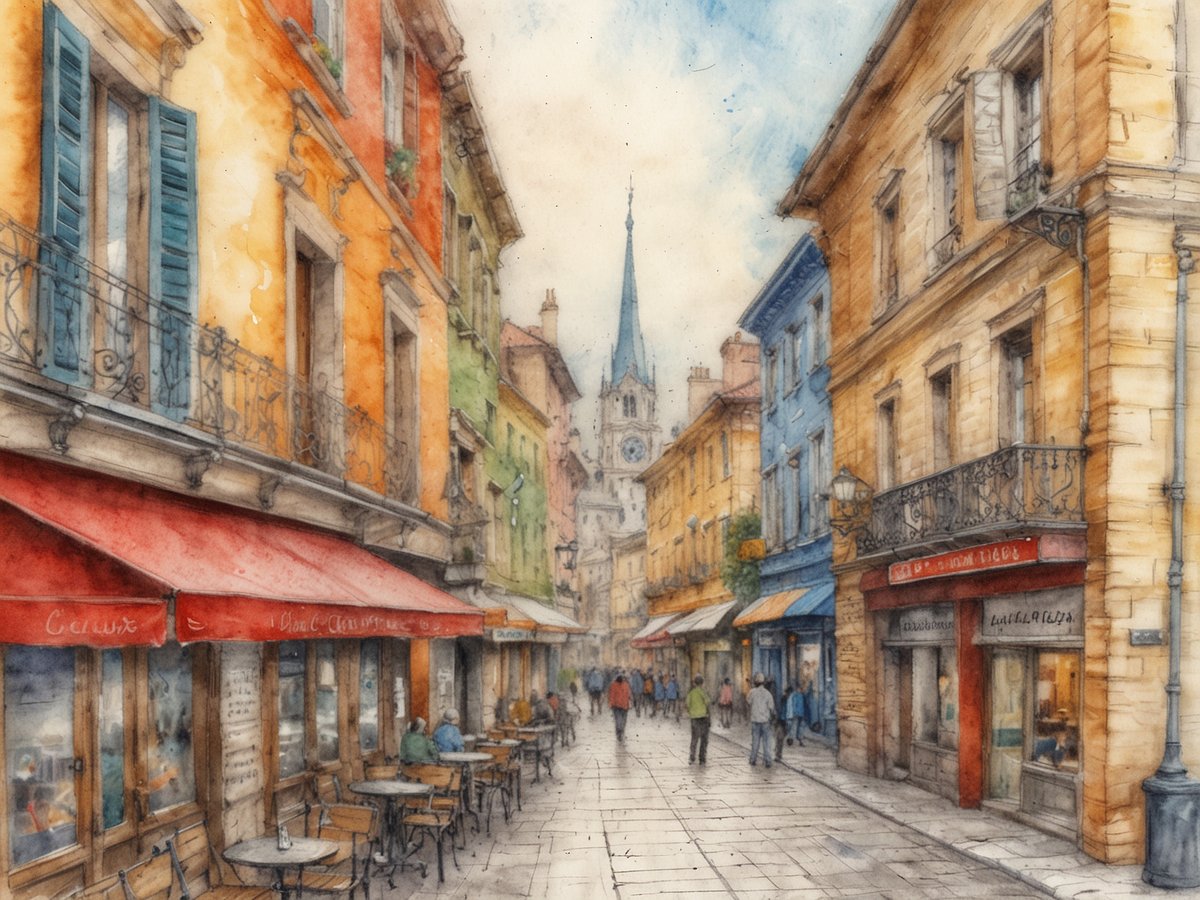Eine malerische Straße in einer europäischen Stadt, gesäumt von bunten historischen Gebäuden mit Holzfenstern und Balkonen. An der Straße befinden sich gemütliche Cafés mit roten Sonnenschirmen, an denen Menschen sitzen und die Atmosphäre genießen. In der Ferne ist ein markantes Kirchturmgebäude zu sehen, das dem Gesamtbild eine kulturelle Note verleiht. Die belebte Straße vermittelt ein Gefühl von Geschichte und lädt zur Erkundung ein.