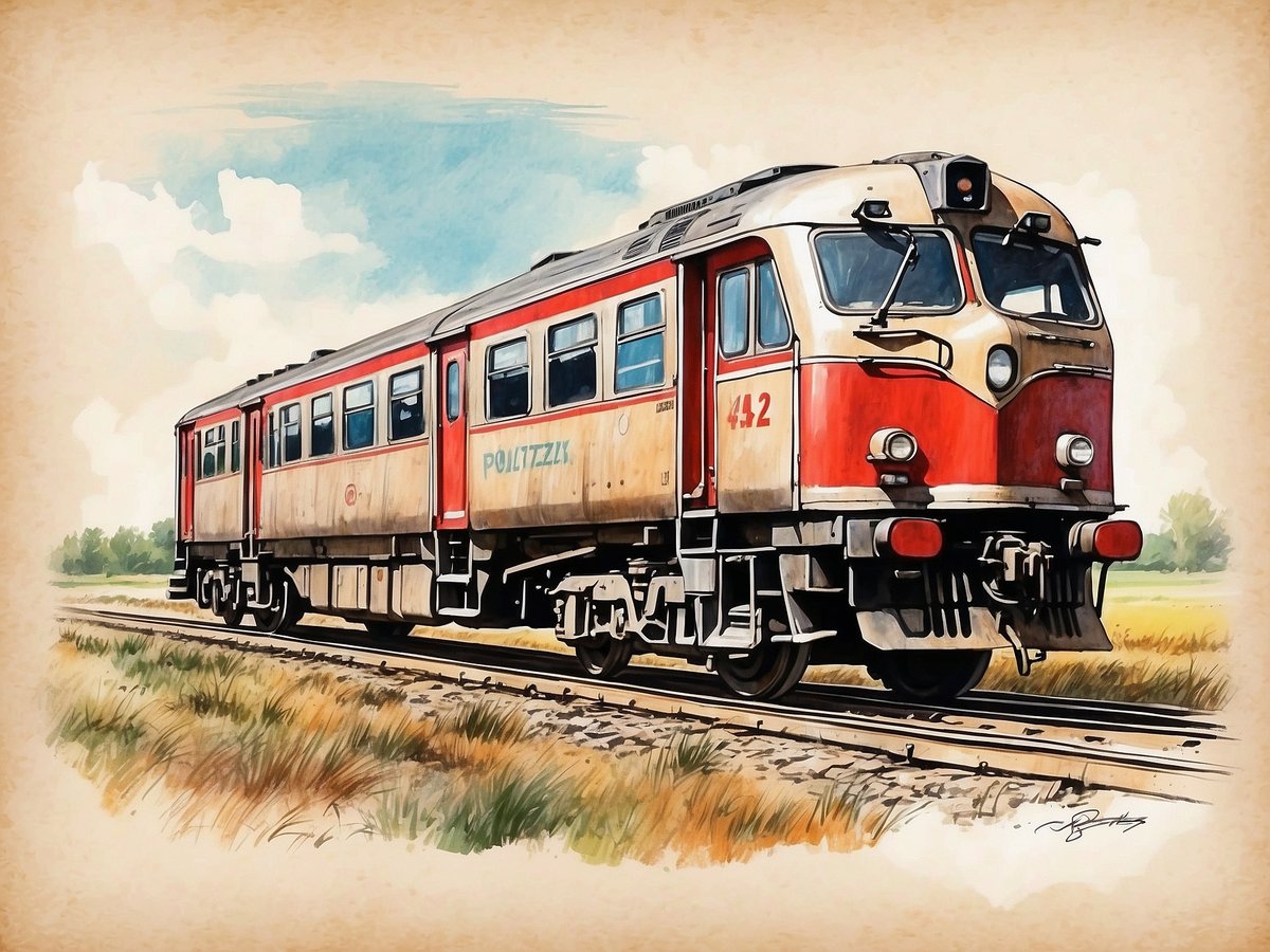 Eine stilisierte Illustration eines roten und beige angefarbenen Triebwagens. Der Triebwagen fährt auf einer Schiene und ist umgeben von einer weitläufigen Graslandschaft. Im Hintergrund sind einige Bäume und ein blauer Himmel mit weißen Wolken zu sehen. Die Nummer 412 ist auf der Front des Triebwagens angebracht, ebenso wie die Aufschrift POLLITZEK. Die gesamte Szene vermittelt einen nostalgischen Eindruck.