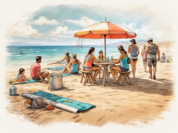 Auf dem Bild sind mehrere Personen zu sehen, die am Strand entspannen. Sie sitzen an einem Tisch mit einem Sonnenschirm, während andere am Wasser entlang spazieren. 

An der Ostseeküste kann man ähnliche Aktivitäten genießen, wie zum Beispiel:

1. **Einen Strandtag verbringen**: Entspannen auf der Liege oder im Sand.
2. **Wassersport**: Kajakfahren, Windsurfen oder Stand-Up-Paddling sind beliebte Freizeitmöglichkeiten.
3. **Radfahren**: Entlang der Küste gibt es viele schöne Radwege.
4. **Strandpicknick**: Mit Familie oder Freunden am Wasser essen und die Aussicht genießen.
5. **Wanderungen**: Die Küstenlandschaft und die Natur rund um die Ostsee erkunden.
6. **Strandsport**: Beachvolleyball oder Frisbee spielen.

Die Ostseeküste bietet vielfältige Möglichkeiten für Aktivitäten und Erholung.