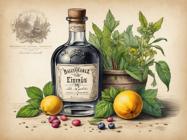 Auf dem Bild ist eine Flasche Gin zu sehen, umgeben von verschiedenen Kräutern und Früchten. Es scheint, als würde es sich um einen Schwarzwald-Gin handeln, der für seine besonderen Botanicals bekannt ist. 

Typische Merkmale des Schwarzwald-Gins sind:

1. **Regionale Botanicals**: Verwendung von Kräutern und Pflanzen, die im Schwarzwald wachsen, wie z.B. Fichtennadeln und Wiesenkräuter.
2. **Aromatische Vielfalt**: Die Kombination aus verschiedenen Früchten, die zu den Aromen beiträgt, darunter oft auch Zitrusfrüchte.
3. **Handwerkliche Herstellung**: Oft wird der Gin in kleinen Chargen und nach traditionellen Methoden destilliert, was zur Authentizität beiträgt.
4. **Natürliche Zutaten**: Der Fokus auf natürliche und hochwertige Zutaten verleiht dem Gin einen einzigartigen Geschmack.

Das Bild vermittelt somit ein Gefühl von Naturverbundenheit und traditioneller Handwerkskunst, die den Schwarzwald-Gin auszeichnen.