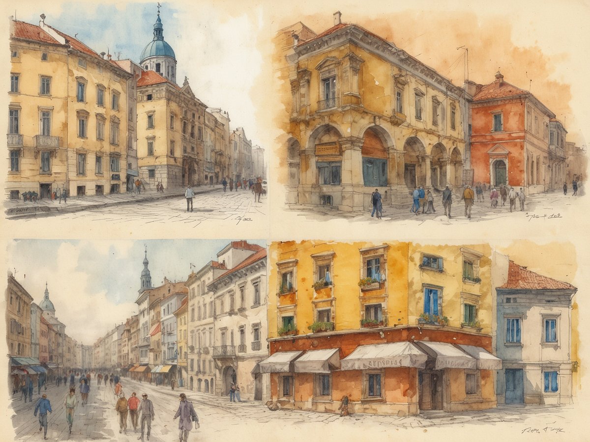 Das Bild zeigt eine Aquarellzeichnung mit vier Szenen von urbanen Straßenzügen in einer osteuropäischen Stadt. Oben links ist eine Straße mit gelben Gebäuden und einer Kuppel im Hintergrund zu sehen. Oben rechts befindet sich eine Architektur mit einer markanten Fassade und Menschen, die die Straße entlanggehen. Unten links zeigt die Szene eine belebte Straße mit Geschäften, während unten rechts ein charmantes Gebäude mit einer Beschriftung und Fensterblumen abgebildet ist. Insgesamt vermittelt das Bild einen Eindruck von der reichen Geschichte und kulturellen Atmosphäre dieser Stadt.