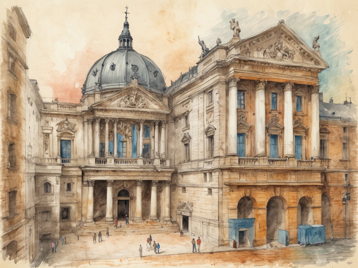 Eine detailreiche Aquarellzeichnung zeigt die beeindruckende Fassade eines historischen Gebäudes mit einer markanten Kuppel. Die Architektur ist klassisch mit Säulen, Statuen und kunstvollen Verzierungen sowie großen Fenstern, die Licht hereinlassen. Die Umgebung ist belebt mit kleinen Figuren, die auf dem Platz stehen oder gehen, und eine sanfte Farbpalette aus Erdtönen und Himmelblau dominiert die Szene, wodurch eine einladende Atmosphäre entsteht. Die Darstellung vermittelt den kulturellen Reichtum und die historische Bedeutung des Ortes, die Besucher zu einem faszinierenden Erlebnis anziehen.