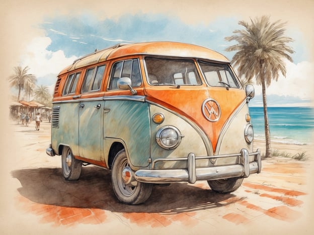 Auf dem Bild ist ein VW-Bus zu sehen, der an einem Strandparkplatz steht. Diese Szenerie lädt zu verschiedenen Aktivitäten ein, wie zum Beispiel:

- Ein Picknick am Strand
- Surfen oder Schwimmen im Meer
- Eine entspannte Autofahrt entlang der Küste
- Spazierengehen auf der Strandpromenade
- Campen oder Übernachten im Bus

Die Umgebung mit Palmen und dem Meer verspricht eine entspannte und sonnige Zeit im Freien.