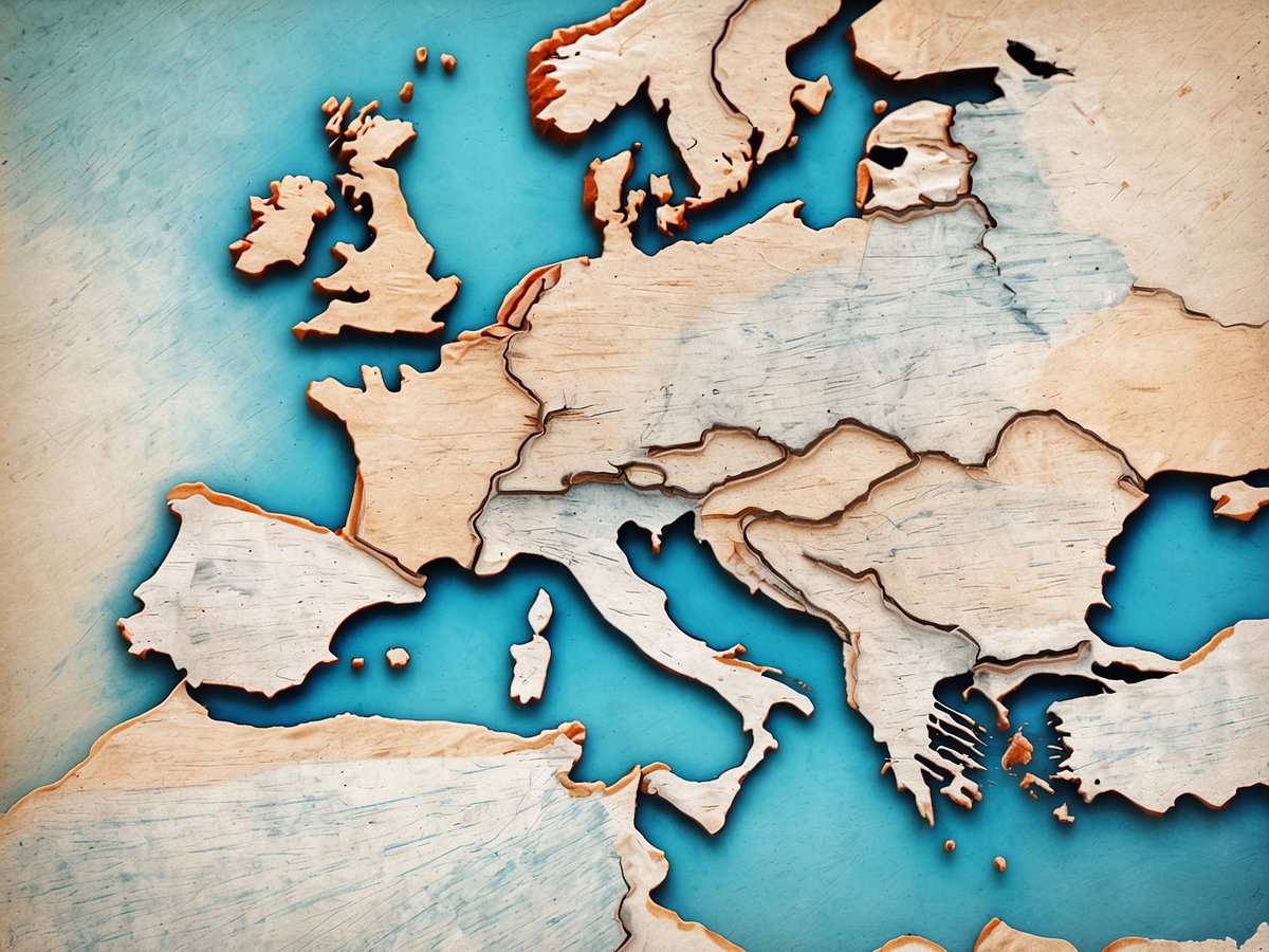Eine illustrative Karte von Europa, die die Umrisse und Grenzen der verschiedenen Länder darstellt. Die Karte zeigt Konturen und geografische Details in einem strukturierten Design, das an Holzelemente erinnert. Der Hintergrund ist in einem beruhigenden Blauton gehalten, der die Karte hervorhebt.