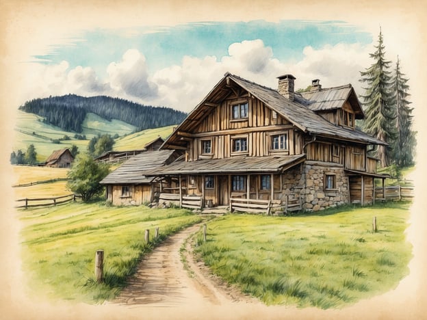 Auf dem Bild ist ein malerisches Bauernhaus zu sehen, das im traditionellen Stil erbaut ist. Es besteht aus Holz und beschreibt eine harmonische Einfügung in die Landschaft. Umgeben von grünen Wiesen und sanften Hügeln, zeigt das Bild eine ruhige und idyllische Umgebung, die typisch für die traditionelle Landwirtschaft ist. Die Atmosphäre vermittelt ein Gefühl von ländlichem Leben, Naturverbundenheit und handwerklicher Bauweise. Solche Gebäude sind oft Teil von landwirtschaftlichen Betrieben, die ihre Wurzeln in historischen Anbaumethoden und nachhaltiger Landwirtschaft haben.