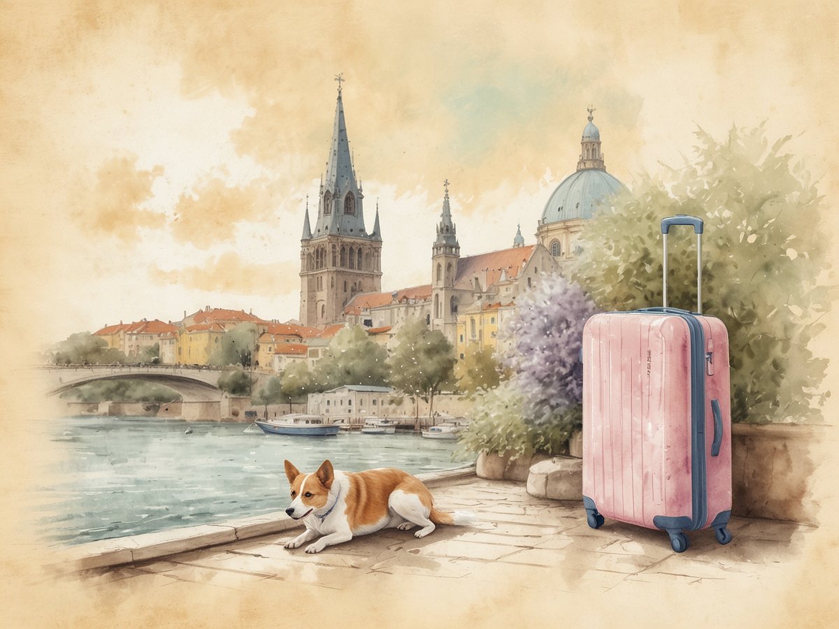 Ein Corgi liegt entspannt am Ufer eines Flusses in einer malerischen Stadtlandschaft. Im Hintergrund erheben sich beeindruckende historische Gebäude und Türme, während eine Brücke über den Fluss führt. Neben dem Hund steht ein rosa Koffer mit Rollen, der auf den bevorstehenden Urlaub hindeutet. Die Szene strahlt eine ruhige Urlaubsatmosphäre aus und zeigt, dass Haustiere willkommen sind.