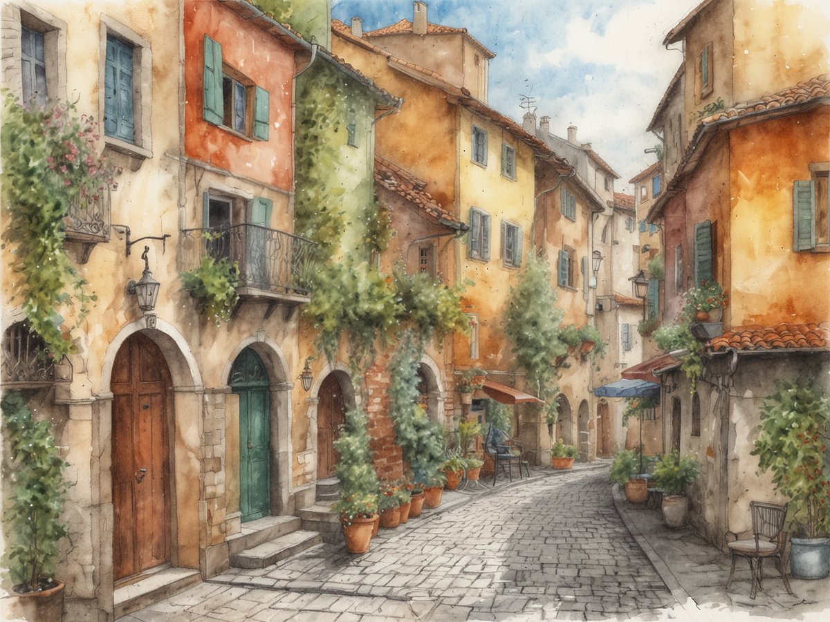 Eine malerische Gasse in einer historischen Stadt, umgeben von bunten Gebäuden mit großen Fenstern und Blumen. Die Fassaden sind in warmen Erdtönen gehalten, und grüne Pflanzen ranken an den Wänden. An den Seiten der Gasse stehen Töpfe mit Pflanzen und ein paar Stühle sind aufgestellt, was einladend wirkt. Die gepflasterte Straße schlängelt sich sanft durch die Szenerie, unter einem hellen Himmel mit leichten Wolken. Die Atmosphäre vermittelt ein Gefühl von Ruhe und Nachhaltigkeit, das typisch für umweltfreundliche Städte in Europa ist.