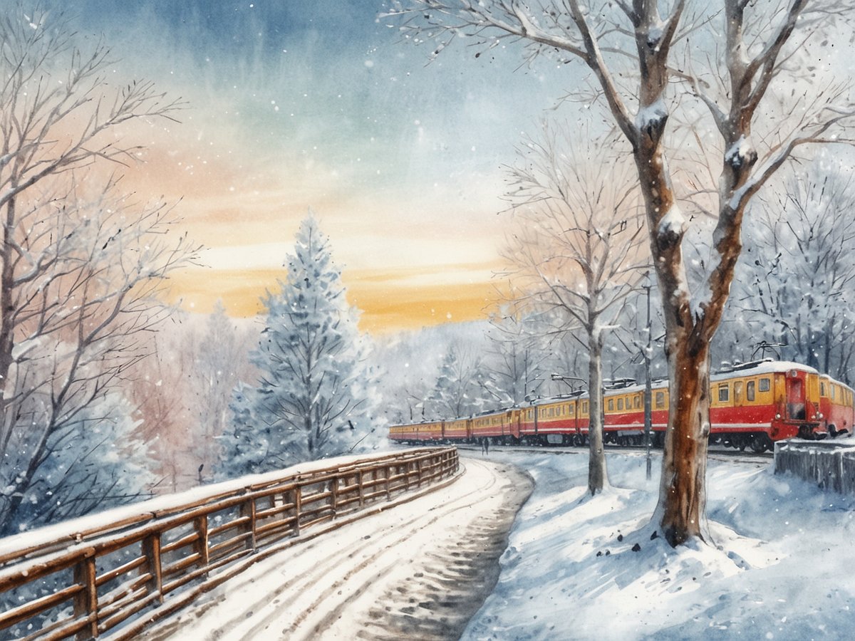 Eine malerische Winterlandschaft mit schneebedeckten Bäumen und einem schmalen Weg, der sich elegant durch die Szene schlängelt. Im Hintergrund ist ein Zug mit gelben und roten Wagen zu sehen, der gemächlich entlang der beschneiten Strecke fährt. Der Himmel zeigt sanfte Farbverläufe von Blau bis Gelb, während der Schnee sanft vom Himmel fällt und die gesamte Umgebung in eine ruhige, beschauliche Atmosphäre taucht. Diese Szene verkörpert das Gefühl eines traumhaften Winterurlaubs in Europa.