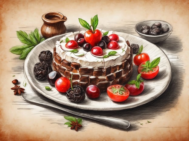 Auf dem Bild ist eine kunstvoll dekorierte Torte zu sehen, die mit einer köstlichen Sahnehaube bedeckt ist. Die Torte hat schokoladige Schichten und ist mit frischen roten Kirschen, verschiedenen Beeren und kleinen Tomaten garniert. Um die Torte herum sind zusätzlich schwarze Oliven und ein paar grüne Minzblätter angeordnet, die einen frischen Kontrast bieten. In einer kleinen Schale neben der Torte sind weitere schwarze Oliven zu sehen. Dieses kulinarische Highlight vereint süße und herzhafte Aromen auf ansprechende Weise.