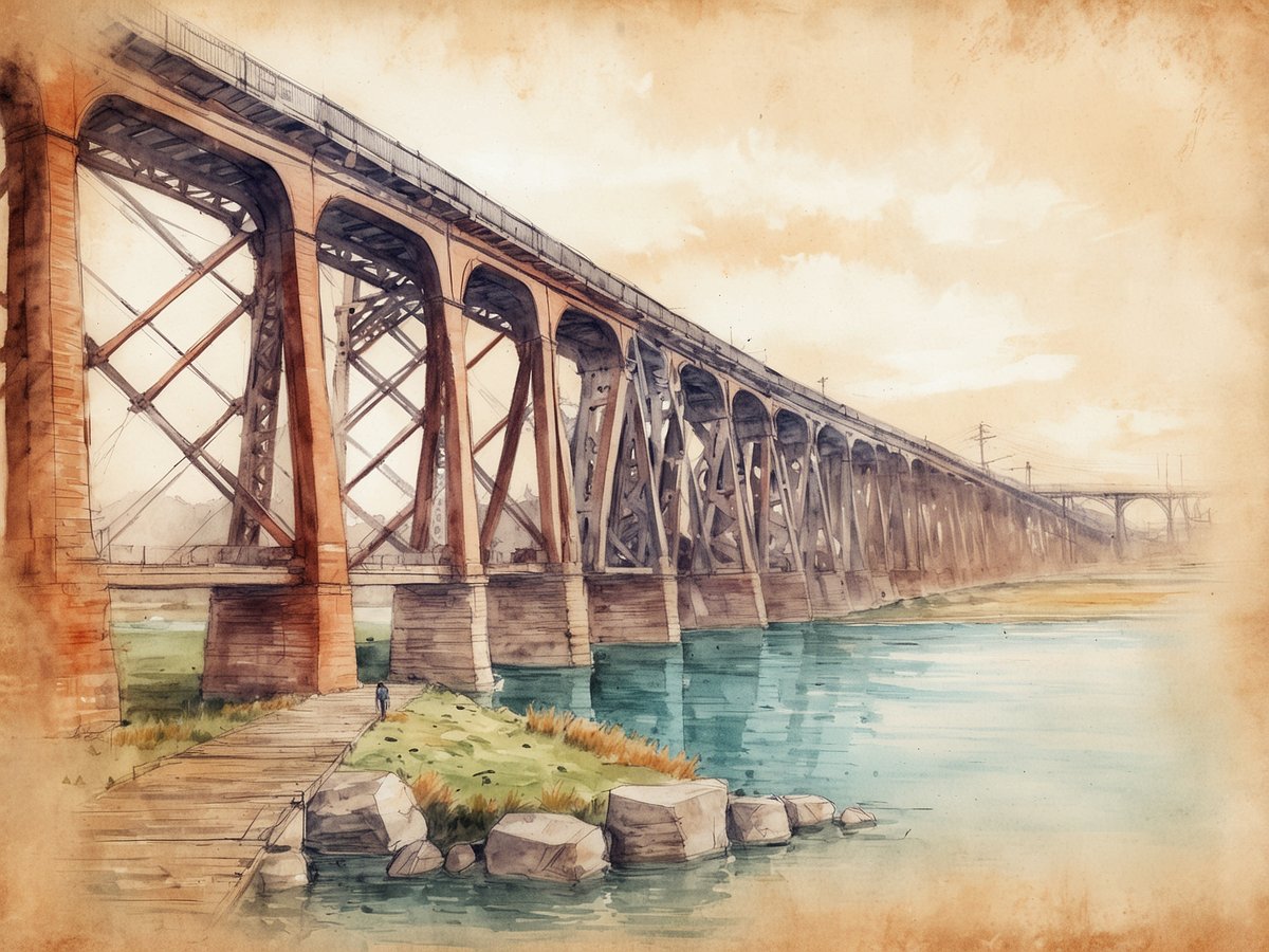 Eine beeindruckende Viaduktbrücke erstreckt sich über einen ruhigen Fluss, umgeben von sanften Wiesen. Die Brücke ist aus rotem Ziegelstein und metallenen Stützen gebaut, die eine komplexe Struktur bilden. Im Vordergrund führt ein Holzsteg entlang des Ufers, auf dem eine Person spaziert. Sanfte Farben und ein weicher Himmel verleihen der Szene eine malerische Atmosphäre, während die Reflexionen im Wasser das harmonische Zusammenspiel der Elemente unterstreichen.