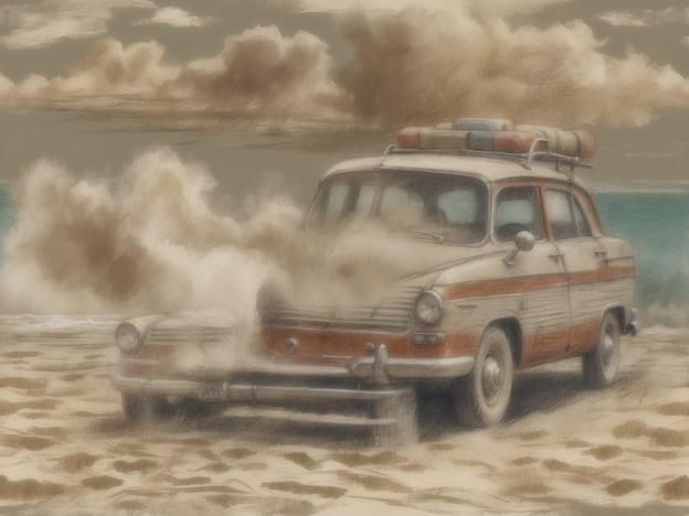 Auf dem Bild ist ein älteres Auto zu sehen, das am Strand steht. Der Sand wird aufgewirbelt, während Wellen im Hintergrund an den Strand schlagen. Die Szenerie vermittelt ein Gefühl von einem entspannten Aufenthalt am Strand, ideal für einen sonnigen Tag am Meer.