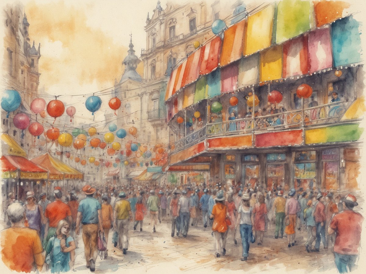 Eine belebte Straße während eines festlichen Karnevals ist zu sehen. Viele Menschen flanieren durch die Straße, die mit bunten Luftballons und festlichen Ständen geschmückt ist. Die Stände bieten verschiedene Waren an und die Atmosphäre ist lebhaft und fröhlich. Über den Köpfen der Menschen hängen Lichter und Banner in leuchtenden Farben. Alte Gebäude mit geschmückten Balkonen umgeben die Szenerie, während die Sonne für eine warme, einladende Stimmung sorgt.