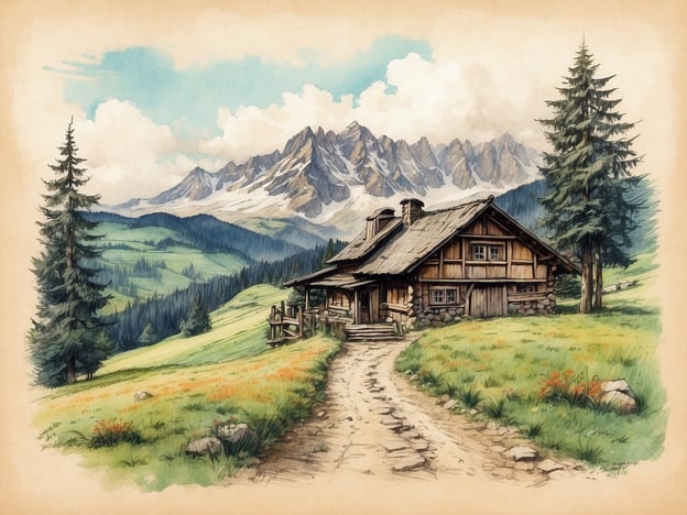 Auf dem Bild ist eine malerische Landschaft zu sehen, die von einer traditionellen Almhütte dominiert wird. Solche Hütten sind typisch für alpine Regionen, insbesondere in den Alpen, und spiegeln eine lange Tradition der Almwirtschaft wider. 

Die Hütte ist aus Holz und Stein gebaut, was typisch für die Bauweise dieser Region ist. Sie steht in einer idyllischen Umgebung, umgeben von dichten Nadelbäumen und majestätischen Bergen. Diese Umgebung spielt eine zentrale Rolle in der Kultur und Tradition der Alpenländer, wo die Natur oft mit Bodenständigkeit und Einfachheit assoziiert wird.

In vielen alpinen Gemeinden lebte man früher während des Sommers in solchen Hütten, um die Viehzucht und die landwirtschaftliche Nutzung der Wiesen zu betreiben. Diese Tradition wird heute noch in vielen Regionen gepflegt, und die Almen sind beliebte Ausflugsziele für Wanderer und Naturliebhaber. Die malerische Darstellung des Bildes vermittelt ein Gefühl von Ruhe und Verbundenheit zur Natur, was in der alpenländischen Lebensweise von großer Bedeutung ist.