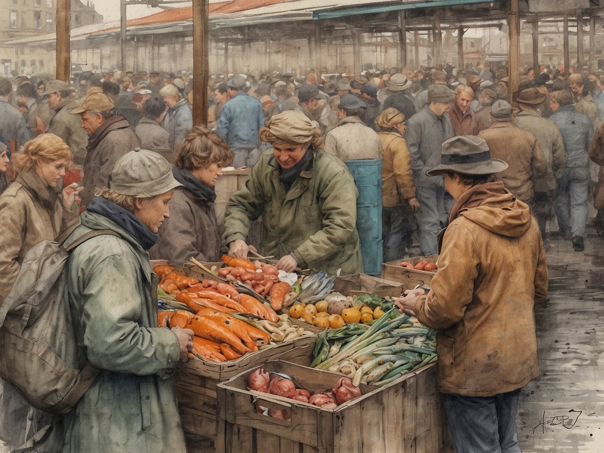 Ein Morgen am Hamburger Fischmarkt zeigt eine lebhafte Marktszene mit vielen Menschen. Im Vordergrund stehen mehrere Verkaufsstände mit frischem Gemüse und Fisch. Zwei Personen, eine mit einem Rucksack, schauen aufmerksam auf das Angebot, während ein weiterer Verkäufer mit einer Mütze die Ware anpreist. Im Hintergrund sind zahlreiche Schaulustige und Käufer zu sehen, die in unterschiedlichen Kleidungsstücken erscheinen, was die geschäftige Atmosphäre unterstreicht. Die gesamte Szene vermittelt ein Gefühl von Tradition und Trubel, das den Fischmarkt charakterisiert.