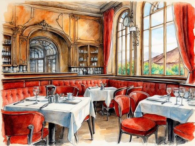 Auf dem Bild ist ein elegantes Restaurant zu sehen, das eine einladende Atmosphäre ausstrahlt. Die rote Polsterung der Stühle und das geschmackvolle Interieur betonen die Kulinarik. Auf den gedeckten Tischen könnte man verschiedene kulinarische Highlights erwarten, wie feine Vorspeisen, vielleicht ein delikates Tartar oder eine cremige Suppe. Zu den Hauptgerichten könnten exquisit zubereitete Fischgerichte oder ein saftiges Rinderfilet gehören. Als krönenden Abschluss wäre ein kunstvoll angerichteter Nachtisch, wie eine Mousse au Chocolat oder Tiramisu, eine perfekte Wahl. Das Ambiente lädt dazu ein, die Speisen in vollen Zügen zu genießen!