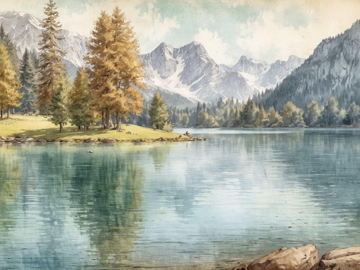 Ein friedlicher See in Garmisch mit klaren, reflektierenden Wasserflächen umgeben von majestätischen Bergen. Im Vordergrund stehen große, gelblich-braune Nadelbäume und saftiges Grün. Die ruhige Wasserspiegelung bildet eine harmonische Verbindung zur Berglandschaft im Hintergrund, während die sanften Wellen des Sees eine friedliche Atmosphäre schaffen. Ein Angler sitzt auf einem kleinen Felsen am Ufer und genießt die Idylle an einem perfekten Tag in der Natur.