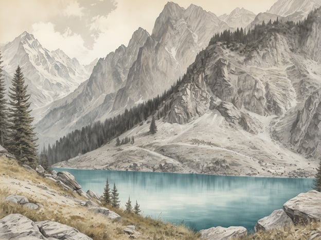 Auf dem Bild ist eine beeindruckende Landschaft zu sehen, die an die bayerischen Alpen erinnert. Ein klarer, blauer See spiegelt die majestätischen Berge und die umliegende Natur wider. Die gebirgige Umgebung ist geprägt von hohen Gipfeln, die mit schneebedeckten Spitzen glänzen, sowie dichten Wäldern, die sich die Hänge hinaufziehen. Der Kontrast zwischen dem glitzernden Wasser und den grauen, felsigen Bergen schafft eine harmonische und friedliche Atmosphäre, perfekt für ein Naturerlebnis in den bayerischen Alpen. Das Bild vermittelt ein Gefühl von Ruhe und Erhabenheit, ideal für Wanderer und Naturfreunde.