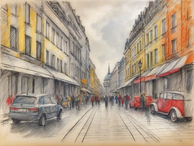 Auf dem Bild ist eine lebhafte Stadtstraße zu sehen, die von historischen Gebäuden flankiert wird. Die Farben sind sanft und die Skizze vermittelt eine nostalgische Atmosphäre. Menschen schlendern gemütlich die Straße entlang, während Autos am Straßenrand geparkt sind. 

In Berlin könntest du ähnliche Straßenszenen in Vierteln wie Kreuzberg oder Prenzlauer Berg entdecken. Dort gibt es eine reiche Kultur, zahlreiche Galerien, kleine Cafés und lebendige Märkte. Die Kombination aus Geschichte, Kunst und alltäglichem Leben macht diese Orte besonders einladend für Besucher, die das urbane Flair Berlins erleben möchten.