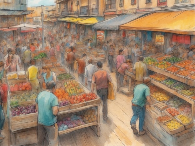 Auf dem Bild ist ein belebter Markt zu sehen, der an den Boqueria-Markt in Barcelona, Spanien, erinnert. Es gibt zahlreiche Stände mit frischem Obst und Gemüse, und viele Menschen sind unterwegs, um einzukaufen. Die Atmosphäre wirkt lebhaft und farbenfroh, typisch für einen traditionellen Markt, wo Besucher die Vielfalt von Lebensmitteln genießen können.