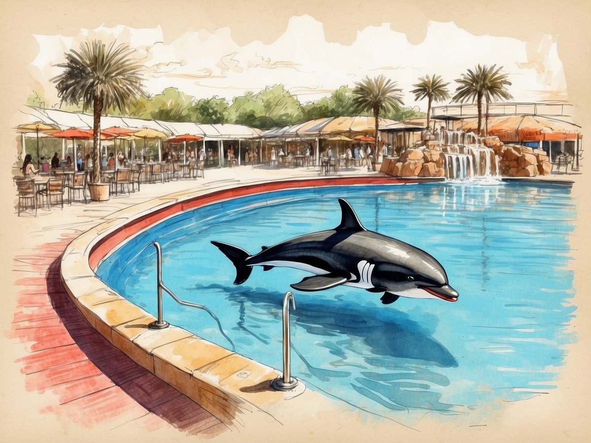 Ein Schwimmbecken mit einem Delfin, der im Wasser springt. Im Hintergrund sind Palmen und eine Restaurantterrasse mit Gästen zu sehen. Die Atmosphäre ist sonnig und einladend, mit Tischen und Sonnenschirmen, die eine gemütliche Umgebung schaffen. An einer Seite des Beckens befindet sich ein kleiner Wasserfall, der für eine entspannende Geräuschkulisse sorgt.