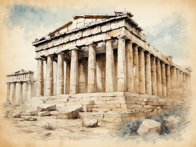 Auf dem Bild ist ein antikes Monument zu sehen, das stark an den Parthenon in Athen erinnert. Der Parthenon ist ein bedeutendes Beispiel griechischer Architektur und symbolisiert die antike Demokratie. Die großen Säulen und die erhöhte Plattform spiegeln den klassischen Stil der griechischen Tempel wider. Athen wird oft als die Wiege der Demokratie betrachtet, da hier die ersten Formen der Bürgerbeteiligung und politischen Mitbestimmung entwickelt wurden.