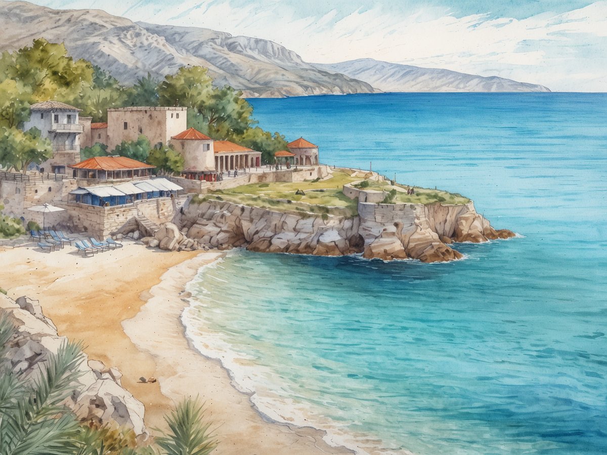 Eine malerische Küstenlandschaft in Albanien mit einem sanften Strand, der sich um kristallklares Wasser schlängelt. Im Hintergrund sieht man alte mediterrane Gebäude mit roten Dächern und üppigem Grün. Felsen und Klippen umrahmen das Wasser, während die sanften Wellen den Strand erreichen. Die hügelige Landschaft im Hintergrund ergänzt die idyllische Atmosphäre, ideal für einen erholsamen Urlaub in Albanien.