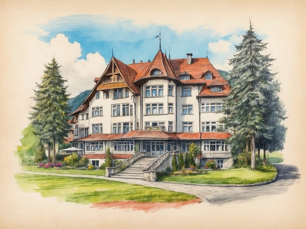 Auf dem Bild ist eine malerische Darstellung eines Gebäudes zu sehen, das an ein Hotel erinnert. Es könnte das Baumhaushotel Schwarzwald sein, das für seine charmante Architektur und die umgebende Naturlandschaft bekannt ist. Die Szene vermittelt eine einladende Atmosphäre mit grünen Rasenflächen, schattenspendenden Bäumen und einem klaren Himmel im Hintergrund.