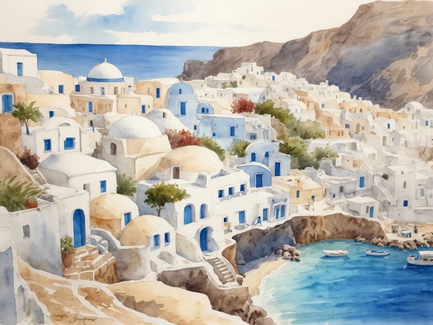 Auf dem Bild ist eine malerische Aussicht auf Santorini, Griechenland, zu sehen. Die Darstellung zeigt die typischen weißen Gebäude mit blauen Kuppeln, die auf den Klippen liegen. Im Vordergrund ist eine kleine Bucht mit Booten und klarem, blauem Wasser. Die Landschaft ist sonnig und die Architektur spiegelt den charakteristischen Stil der Ägäis wider. Die sanften Hügel und das klare Meer verleihen der Szene eine ruhige und einladende Atmosphäre.