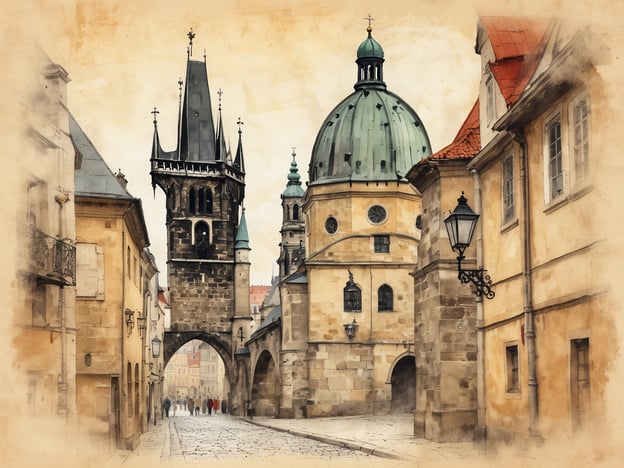 Auf dem Bild ist eine historische Architektur in Prag, Tschechische Republik, zu sehen. Zu erkennen ist ein charakteristischer Turm mit mehreren Spitzen sowie eine runde Kuppel. Die Szene vermittelt eine malerische Atmosphäre mit alten Gebäuden und gepflasterten Straßen. Es scheint eine ruhige Gasse zu sein, die von Menschen mit bunten Kleidern belebt wird. Der Stil der Architektur deutet auf die historische Bedeutung des Ortes hin.