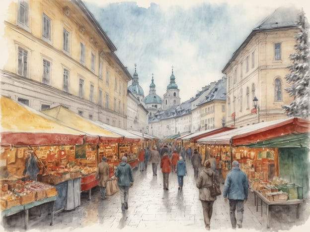 Auf dem Bild ist eine malerische Szene vom Christkindlmarkt in Salzburg, Österreich, zu sehen. Der Markt ist gesäumt von festlich dekorierten Ständen, die verschiedene Waren anbieten. Die Atmosphäre ist lebhaft, mit Menschen, die über die gepflasterte Straße schlendern. Im Hintergrund ragen wunderschöne Gebäude und Türme hervor, die die historische Architektur der Stadt widerspiegeln. Der Himmel ist leicht bewölkt, was der winterlichen Szenerie einen besonderen Charme verleiht.