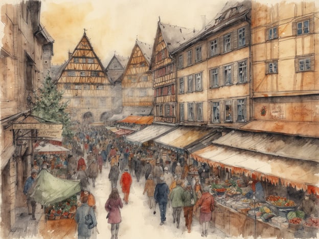 Auf dem Bild ist eine malerische Szene vom Marché de Noël in Straßburg, Frankreich, zu sehen. Es zeigt eine belebte Straße mit Menschen, die an Ständen mit verschiedenen Waren vorbei schlendern. Im Vordergrund befinden sich Marktbuden, die mit frischem Obst und anderen Produkten bestückt sind. Die charakteristischen Fachwerkhäuser, die die Straße säumen, verleihen der Szene eine gemütliche, festliche Atmosphäre. Ein geschmückter Weihnachtsbaum ergänzt die weihnachtliche Stimmung des Marktes.