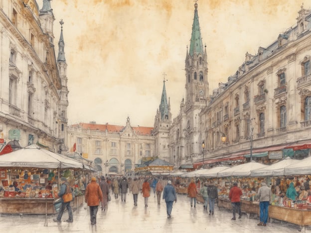 Auf dem Bild ist eine lebhafte Szene zu sehen, die vermutlich den Weihnachtsmarkt am Rathausplatz in Wien, Österreich, darstellt. Die Architektur ist prächtig, mit hohen Türmen und historischen Gebäuden im Hintergrund. Die Marktstände sind gut sichtbar und bieten verschiedene Produkte an, während viele Menschen die Atmosphäre genießen und schlendern. Die Umgebung ist festlich und lädt dazu ein, die weihnachtliche Stimmung zu erleben.