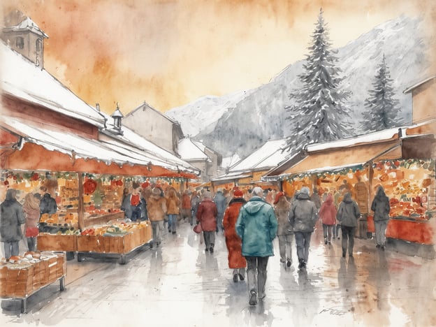 Auf dem Bild ist eine malerische Winterlandschaft zu sehen, die einen Weihnachtsmarkt, wahrscheinlich den Mercatino di Natale in Meran, Italien, darstellt. Die Marktstände sind mit verschiedenen Leckereien und handgefertigten Waren dekoriert, während die Besucher in warmer Kleidung durch die Straßen schlendern. Die Szene wird von schneebedeckten Dächern und Bäumen umrahmt, was eine festliche und gemütliche Atmosphäre schafft. Ein warmer, orangefarbener Himmel ergänzt die winterliche Stimmung des Marktes.