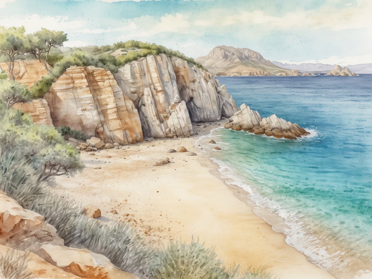 Eine malerische Küstenlandschaft mit feinem Sandstrand, der sanft ins glitzernde, klare Wasser übergeht. Im Hintergrund erheben sich schroffe Klippen, die mit grünem Gestrüpp und Bäumen bewachsen sind. Der Himmel ist hellblau mit wenigen Wolken, und die umliegenden Berge sorgen für eine ruhige, natürliche Atmosphäre. Diese Szenerie hätte perfekt als Geheimtipp für einen unvergesslichen Sardinien Urlaub dienen können.