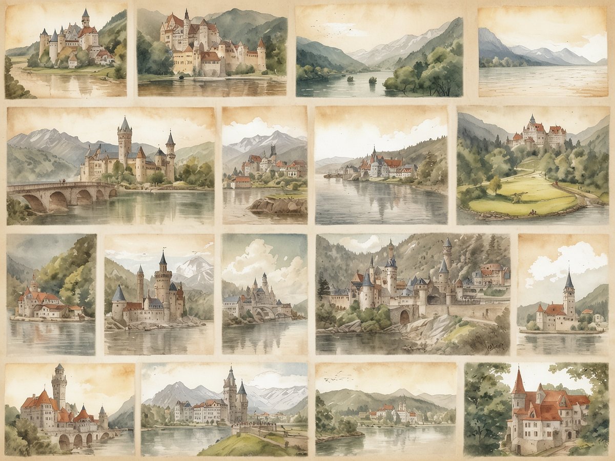 Eine Collage aus verschiedenen Wasserfarbenmalereien zeigt romantische Schlösser und Burgen umgeben von malerischen Landschaften in Deutschland. Im Mittelpunkt stehen beeindruckende architektonische Bauwerke, die entlang von Flüssen und angrenzenden Bergen platziert sind. Die Werke vermitteln die Schönheit von Orten wie Neuschwanstein, Hohenzollern und der bayerischen Seenplatte sowie die idyllische Atmosphäre der Mittelgebirge. Diese künstlerische Darstellung eignet sich ideal für einen Kurztrip zu den Top Sehenswürdigkeiten Deutschlands.