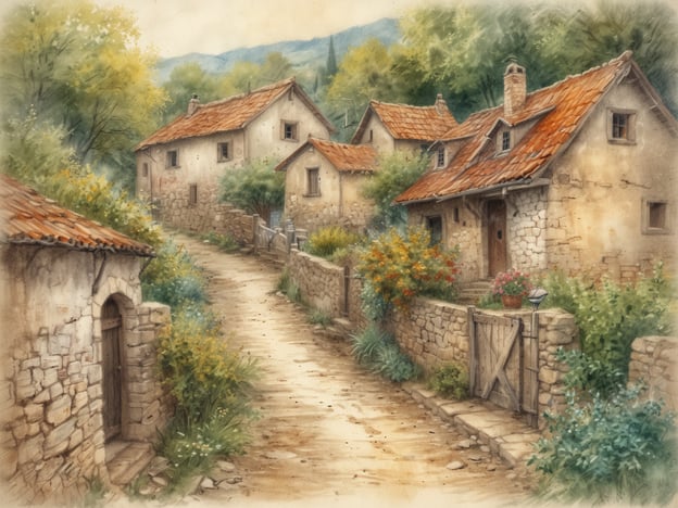 Auf dem Bild ist eine malerische ländliche Szene zu sehen, die die Idylle eines kleinen Dorfes in der Provence widerspiegelt. Die lokalen Häuser, mit ihren charmanten roten Dächern und Natursteinwänden, fügen sich harmonisch in die Umgebung ein. Gesäumt von bunten Blumen und üppigem Grün, lädt der schmale Weg zwischen den Gebäuden dazu ein, die Vielfalt der Provence zu erleben. Diese friedliche Landschaft strahlt ein Gefühl von Ruhe und Tradition aus, das typisch für die Region ist.